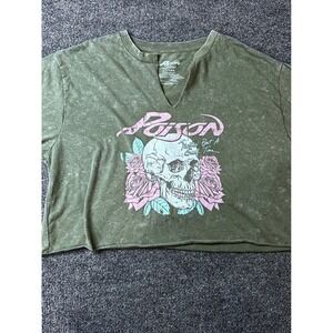 Poison Band Graphic Tee Olive Green Mineral Wash Skull Roses Crop Top Medium